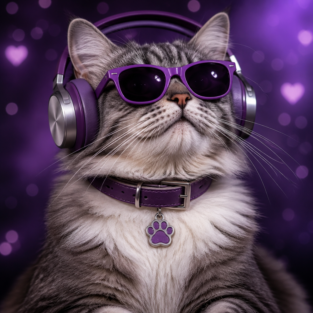 Gato con audífonos y gafas moradas