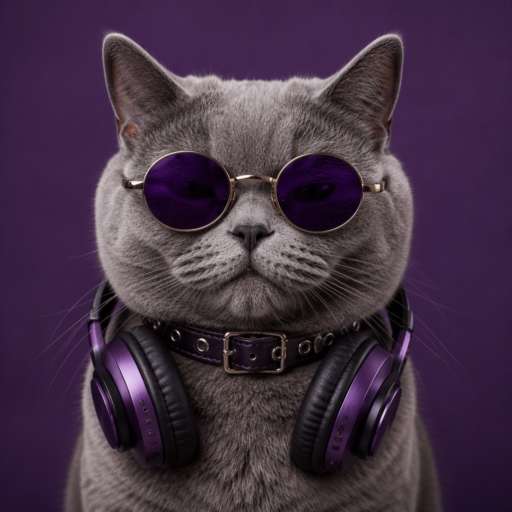 Gato gris con gafas redondas moradas y audífonos