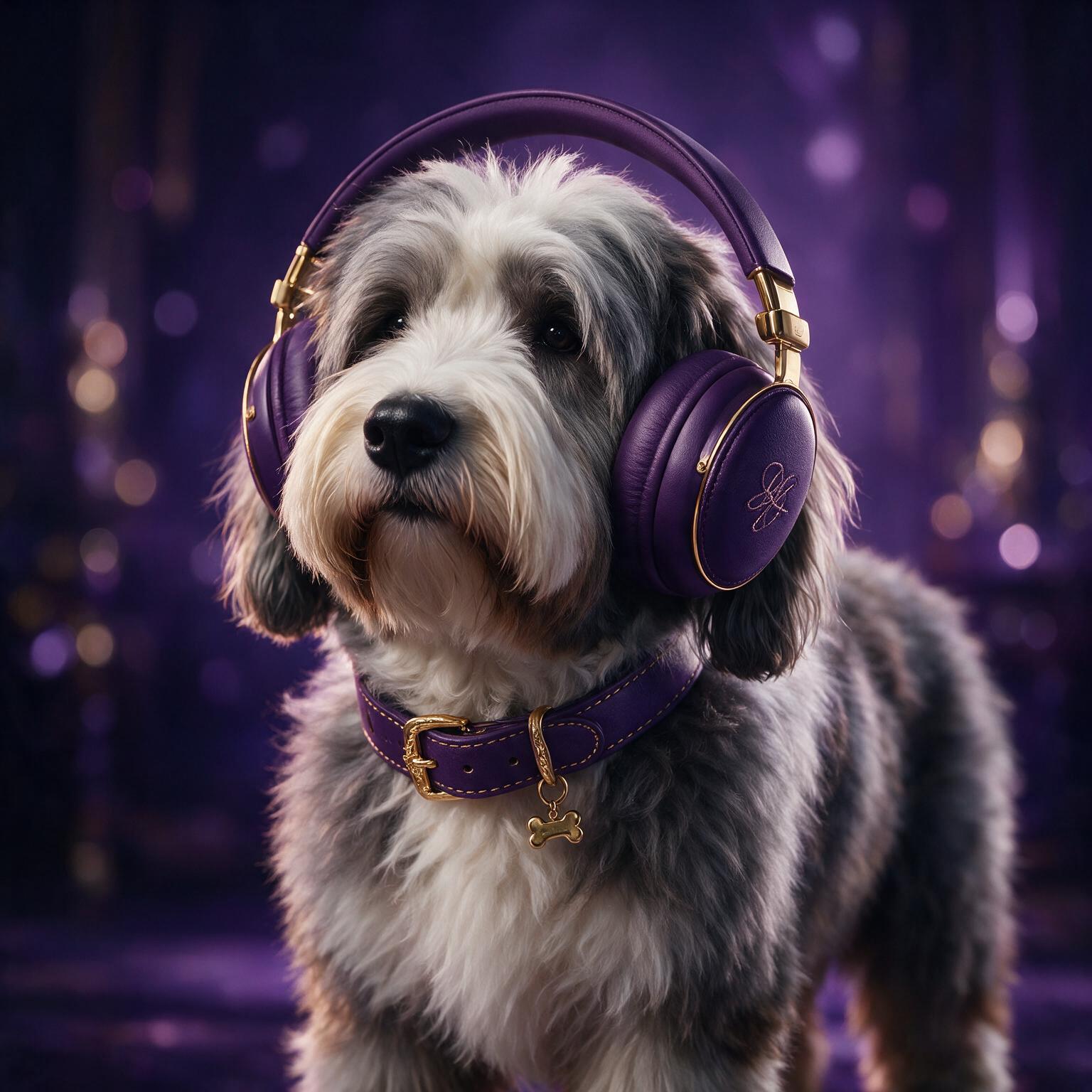 Perro con audífonos morados y collar dorado