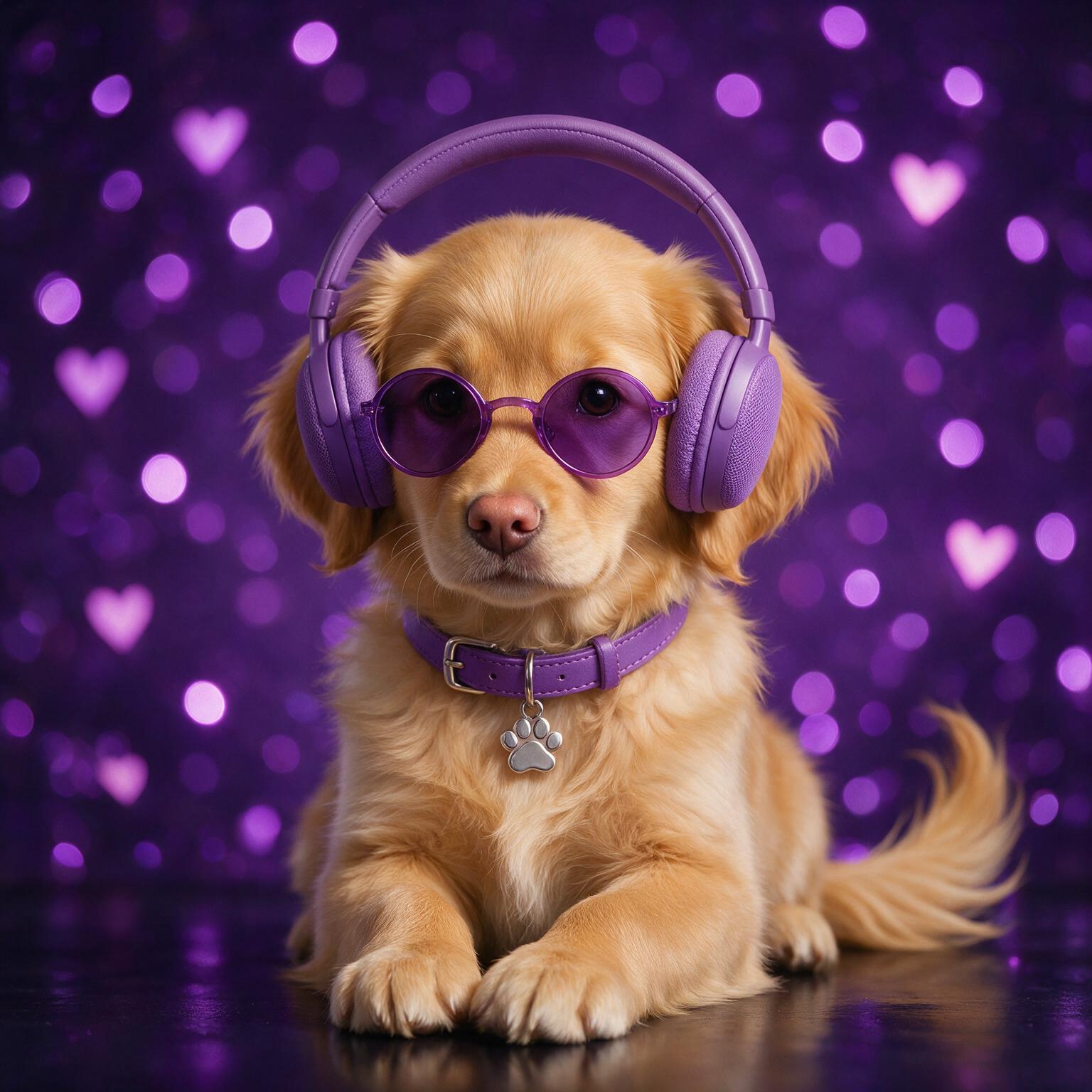 Cachorro golden retriever con gafas y audífonos morados
