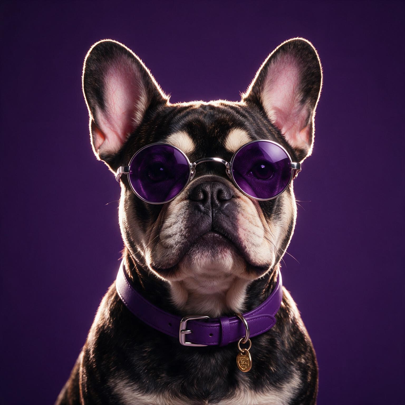 Bulldog francés con gafas moradas