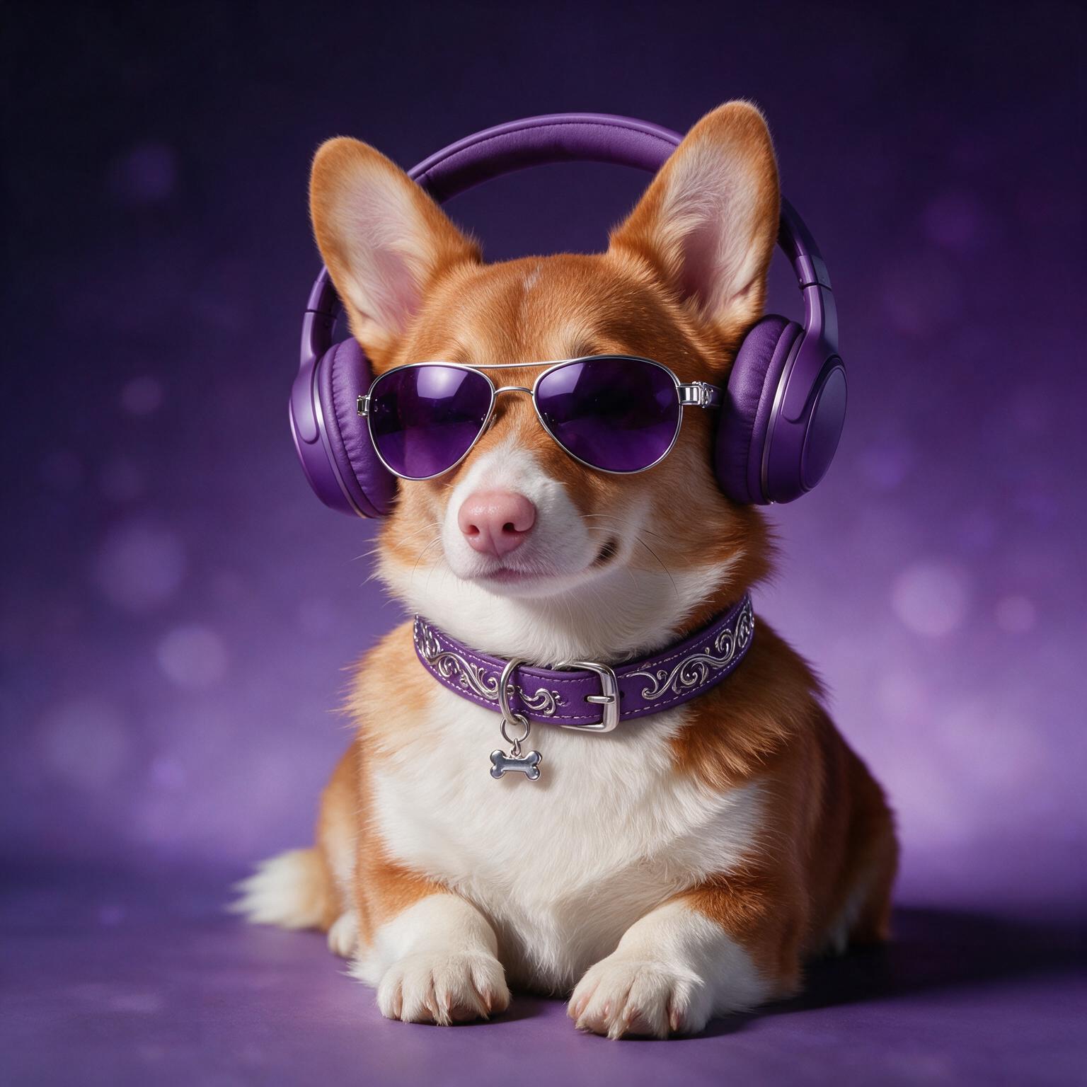 Corgi con gafas y audífonos morados